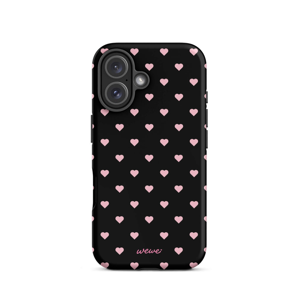 Black iPhone case with evenly spaced soft-pink mini hearts