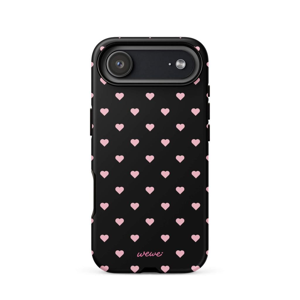 Black iPhone case with evenly spaced soft-pink mini hearts