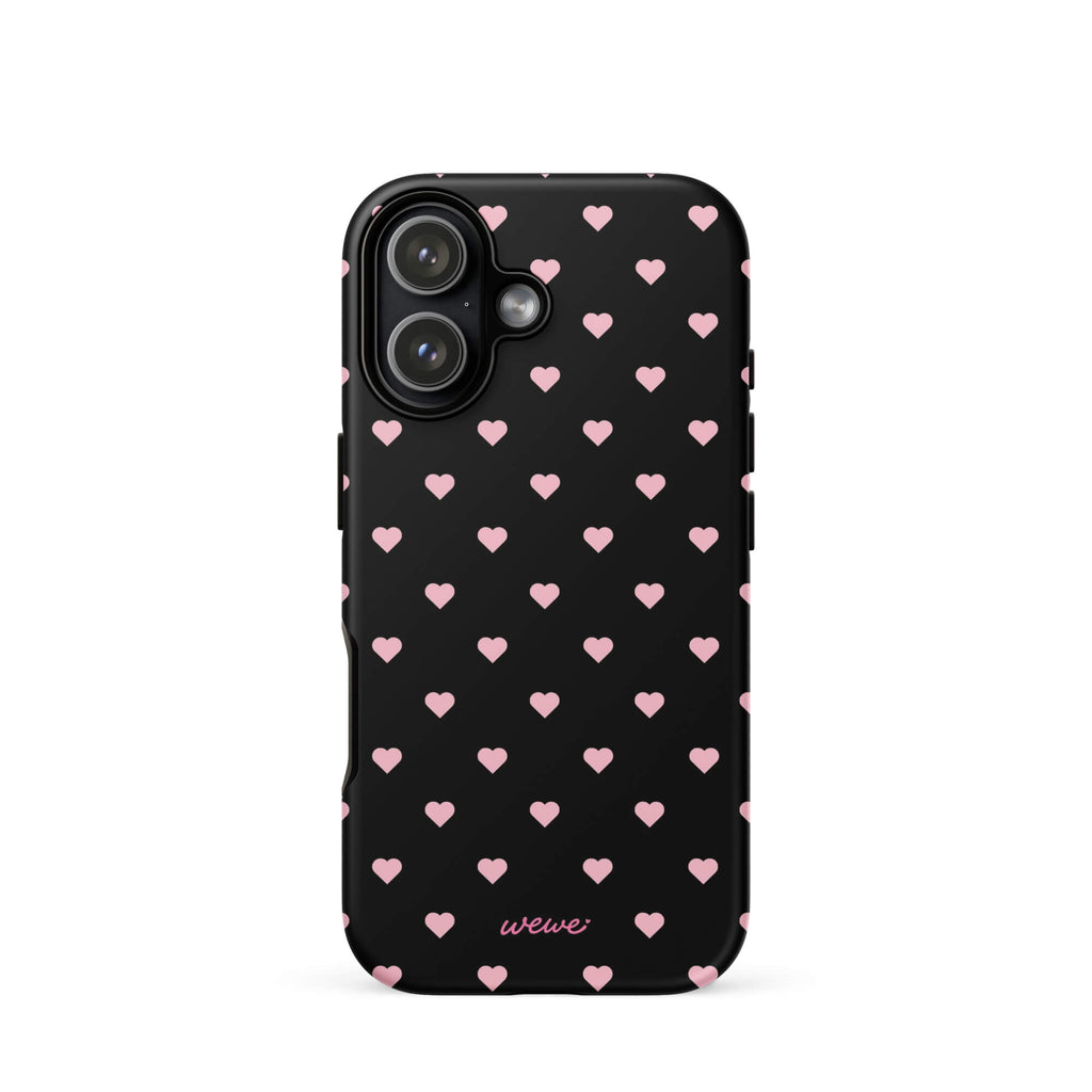 Black iPhone case with evenly spaced soft-pink mini hearts