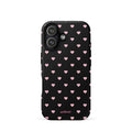 Black iPhone case with evenly spaced soft-pink mini hearts