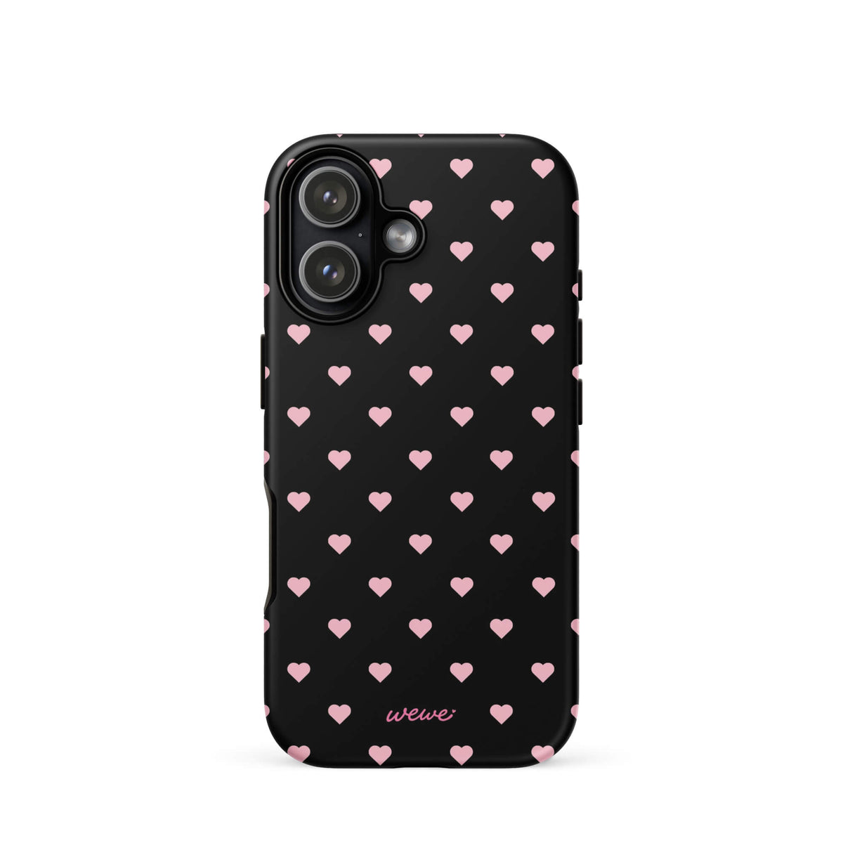 Black iPhone case with evenly spaced soft-pink mini hearts