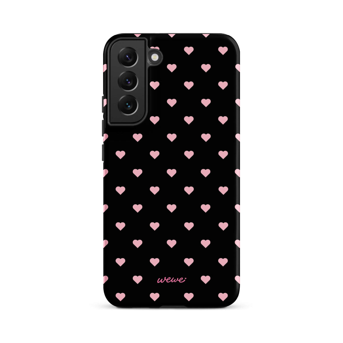 Black iPhone case with evenly spaced soft-pink mini hearts