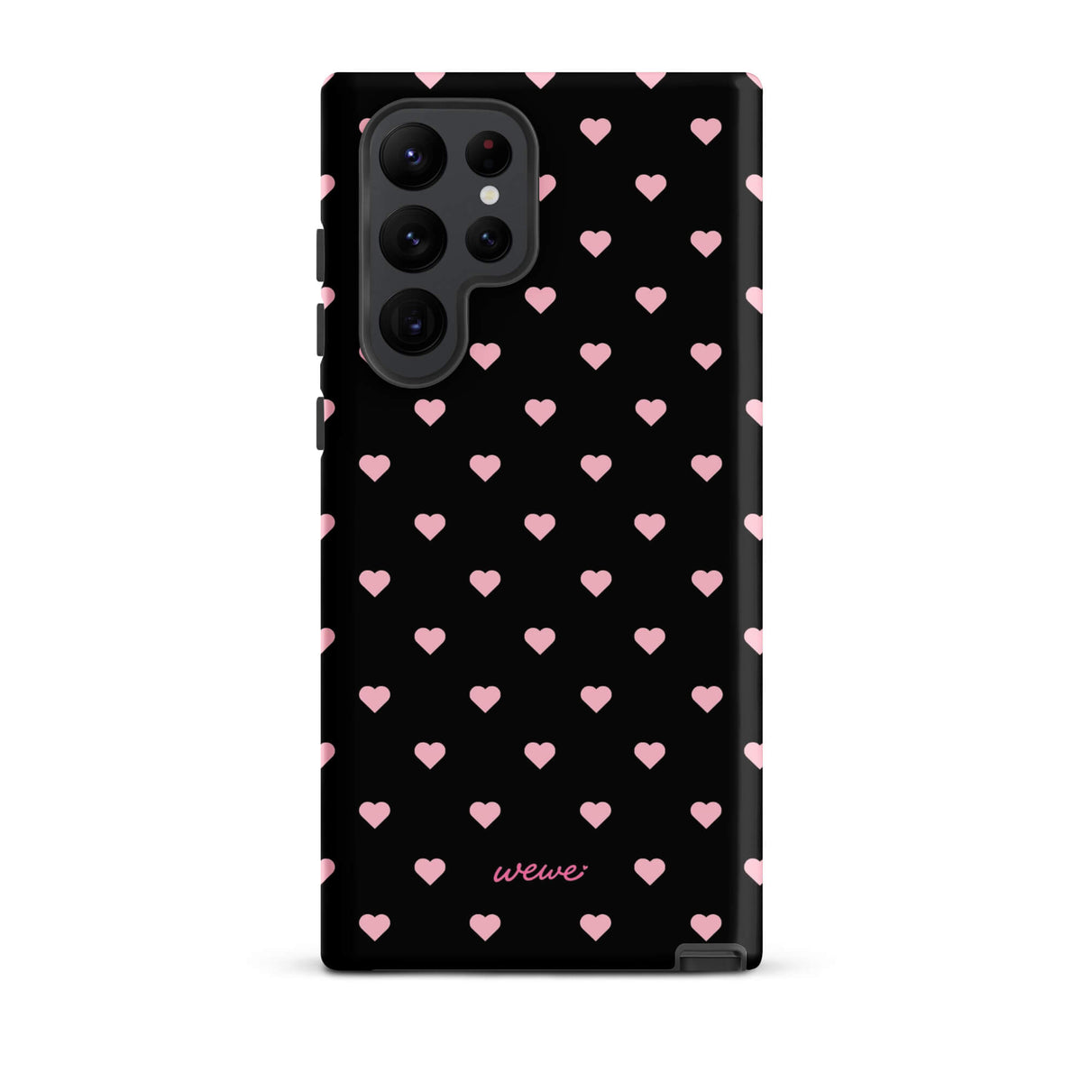 Black iPhone case with evenly spaced soft-pink mini hearts