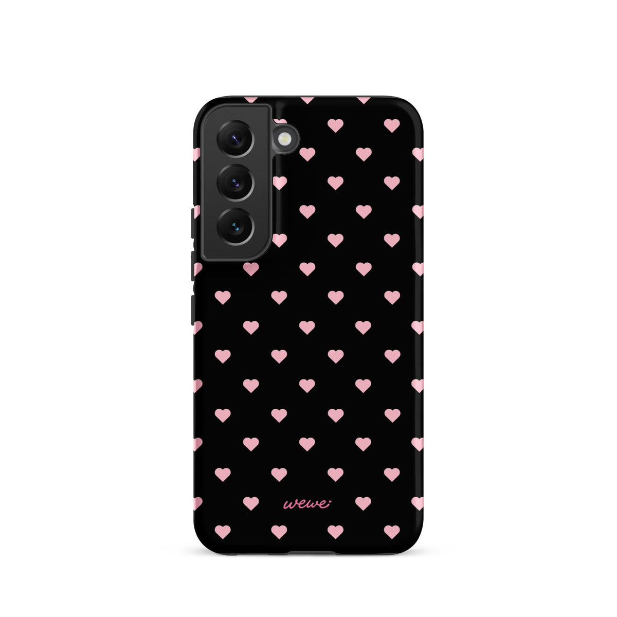 Black iPhone case with evenly spaced soft-pink mini hearts