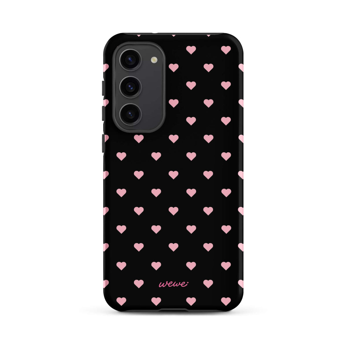 Black iPhone case with evenly spaced soft-pink mini hearts