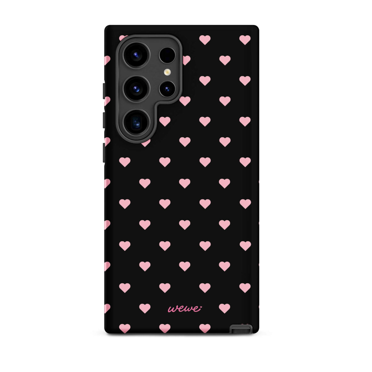 Black iPhone case with evenly spaced soft-pink mini hearts