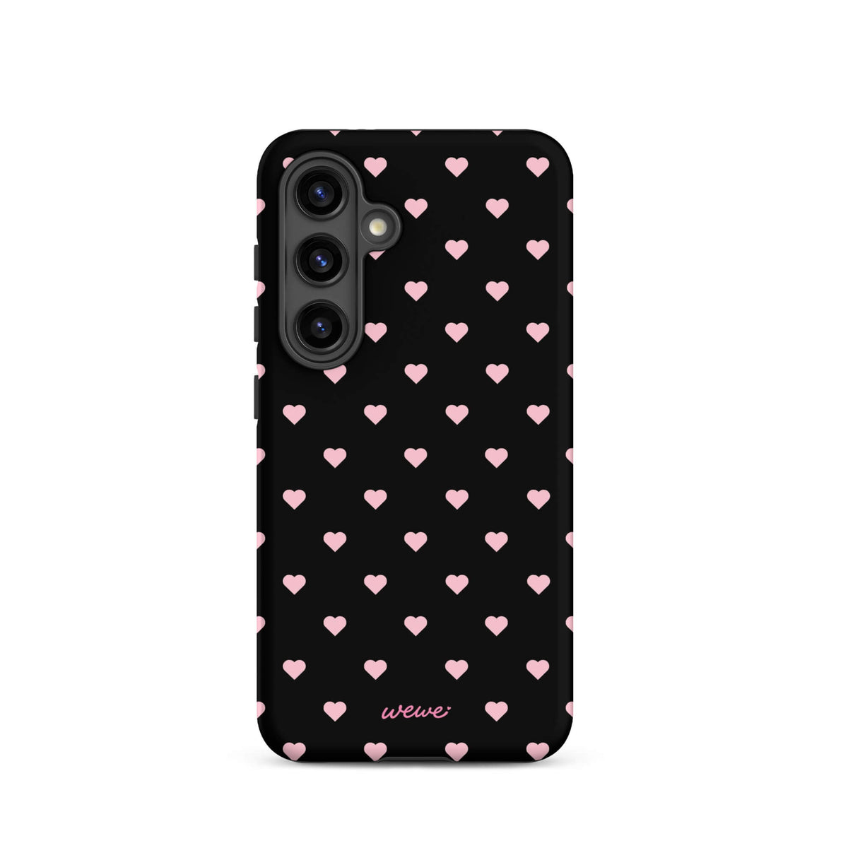 Black iPhone case with evenly spaced soft-pink mini hearts