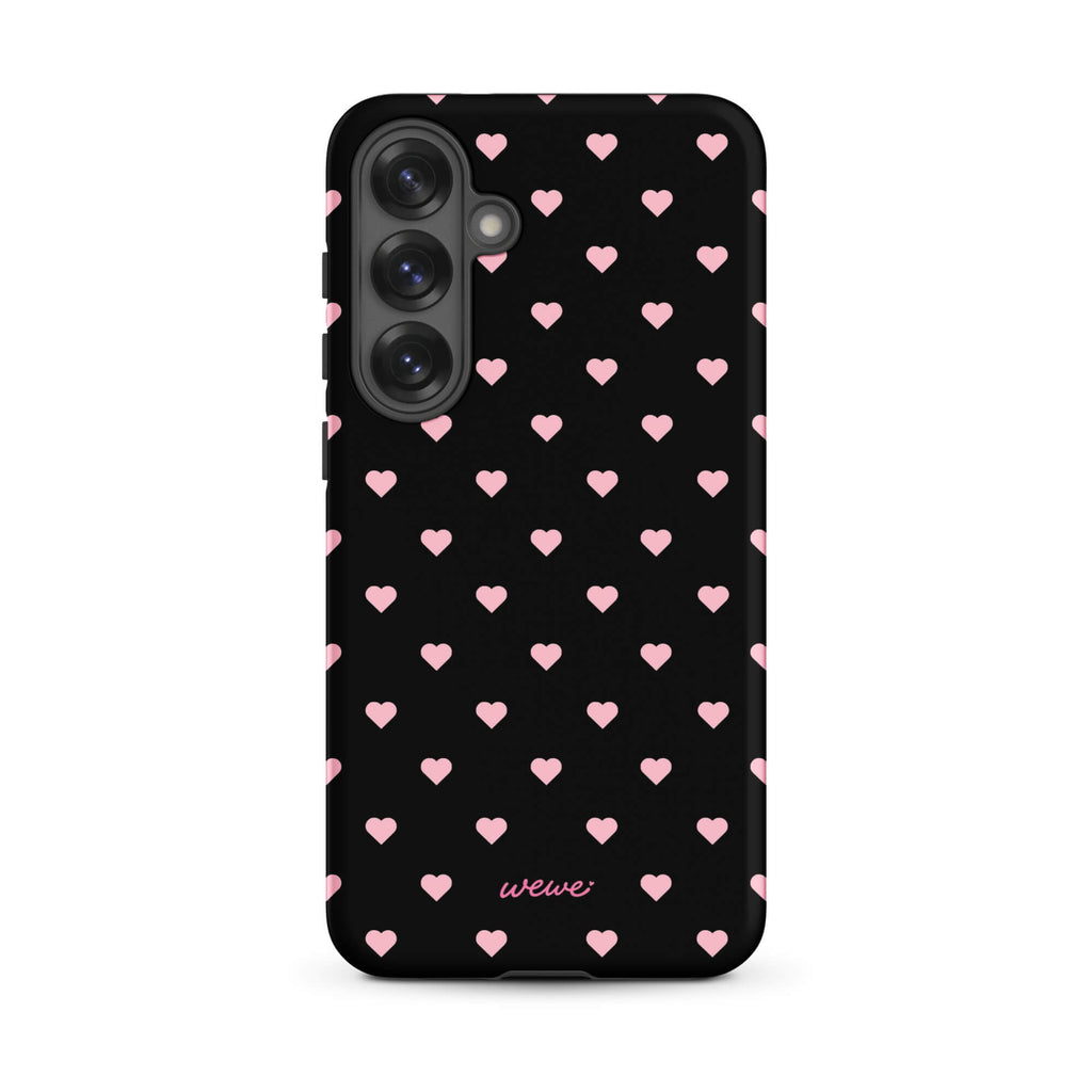 Black iPhone case with evenly spaced soft-pink mini hearts