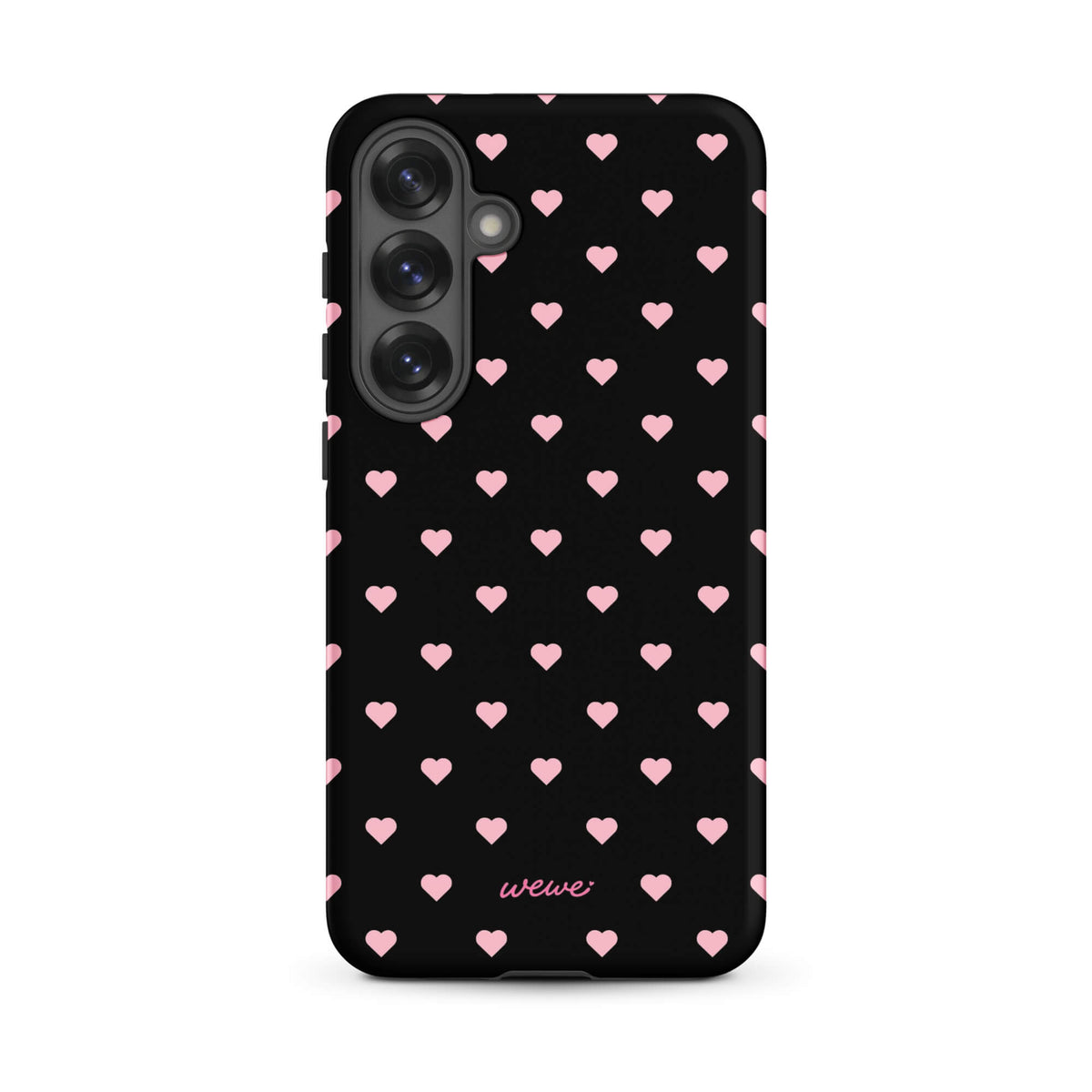 Black iPhone case with evenly spaced soft-pink mini hearts