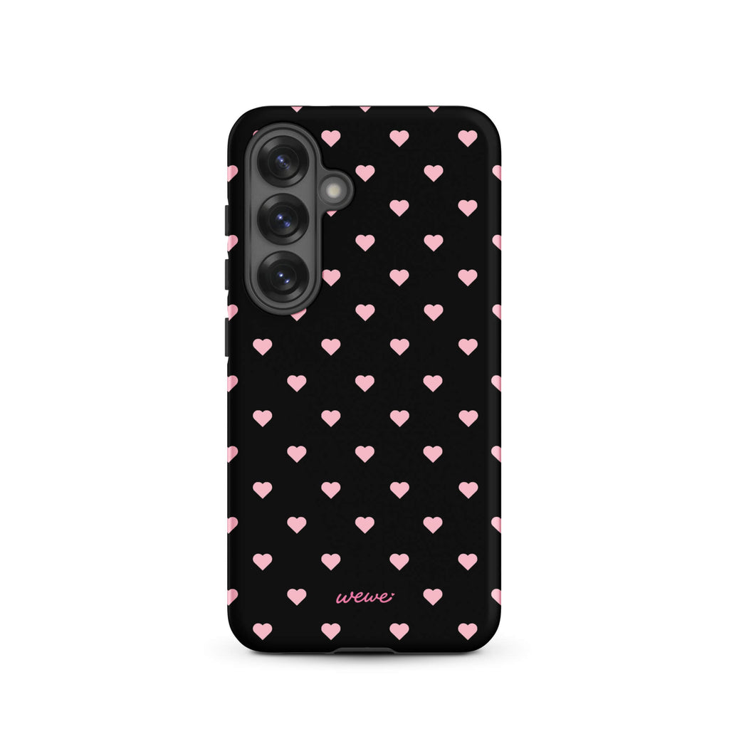 Black iPhone case with evenly spaced soft-pink mini hearts