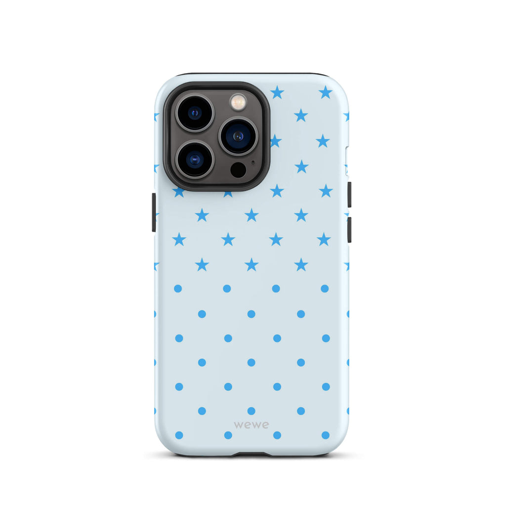 Blue Star and Polka Dot Phone Case featuring sky blue mini stars and dots on an ice blue background