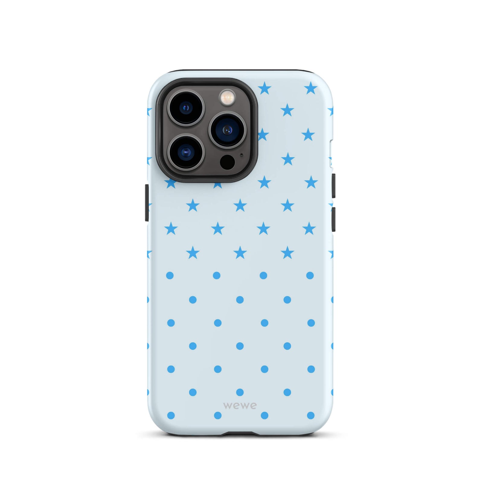 Blue Star and Polka Dot Phone Case featuring sky blue mini stars and dots on an ice blue background