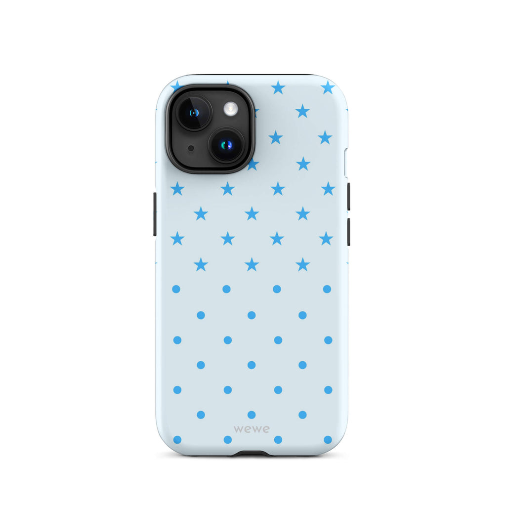Blue Star and Polka Dot Phone Case featuring sky blue mini stars and dots on an ice blue background