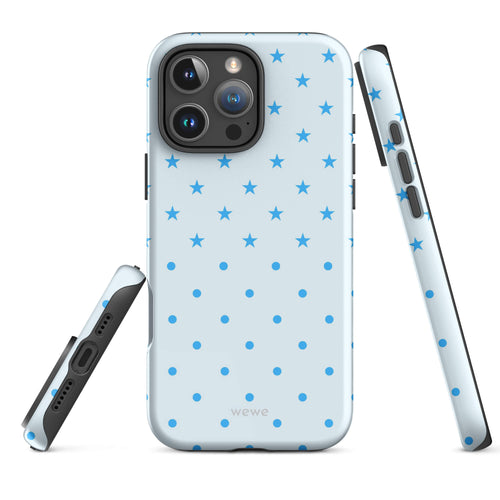 Blue Star and Polka Dot Phone Case featuring sky blue mini stars and dots on an ice blue background