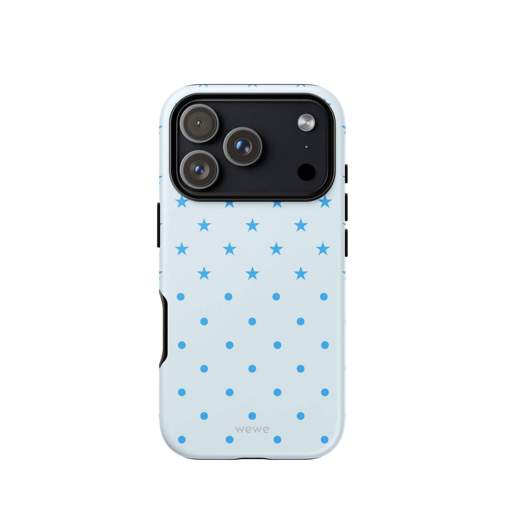 Blue Star and Polka Dot Phone Case featuring sky blue mini stars and dots on an ice blue background