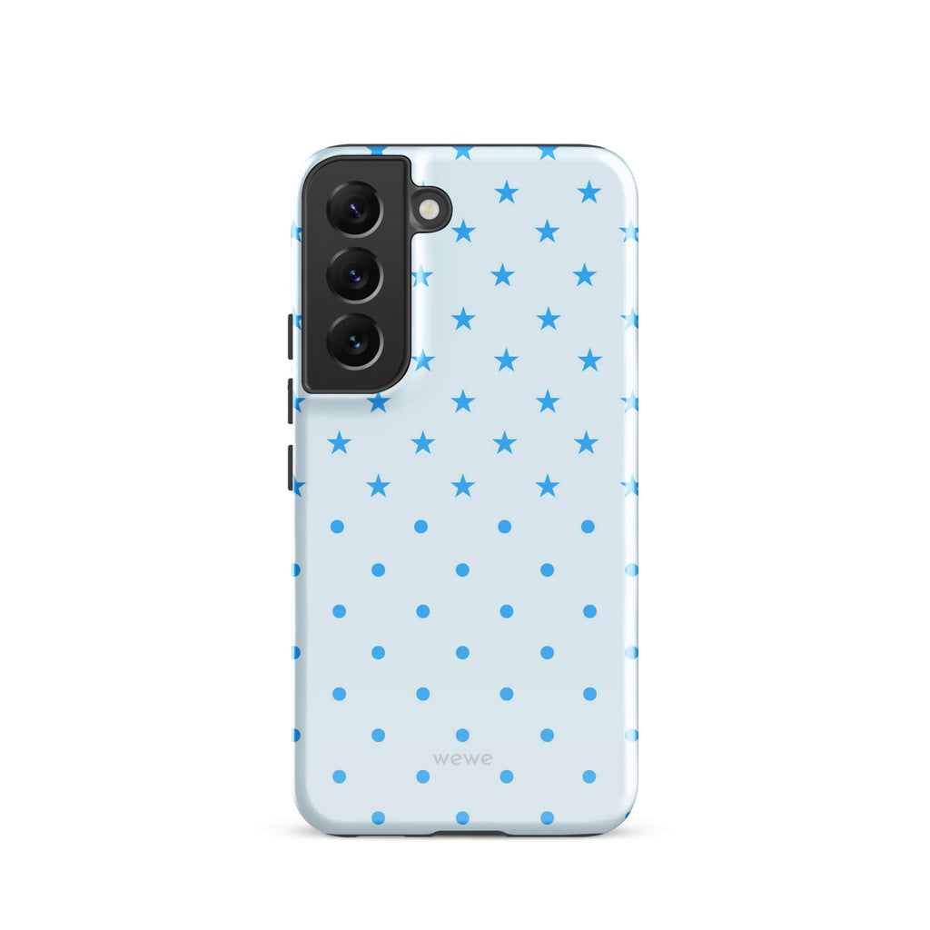 Blue Star and Polka Dot Phone Case featuring sky blue mini stars and dots on an ice blue background