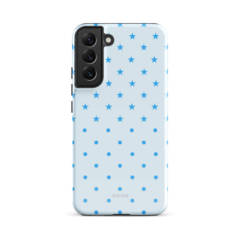 Blue Star and Polka Dot Phone Case featuring sky blue mini stars and dots on an ice blue background