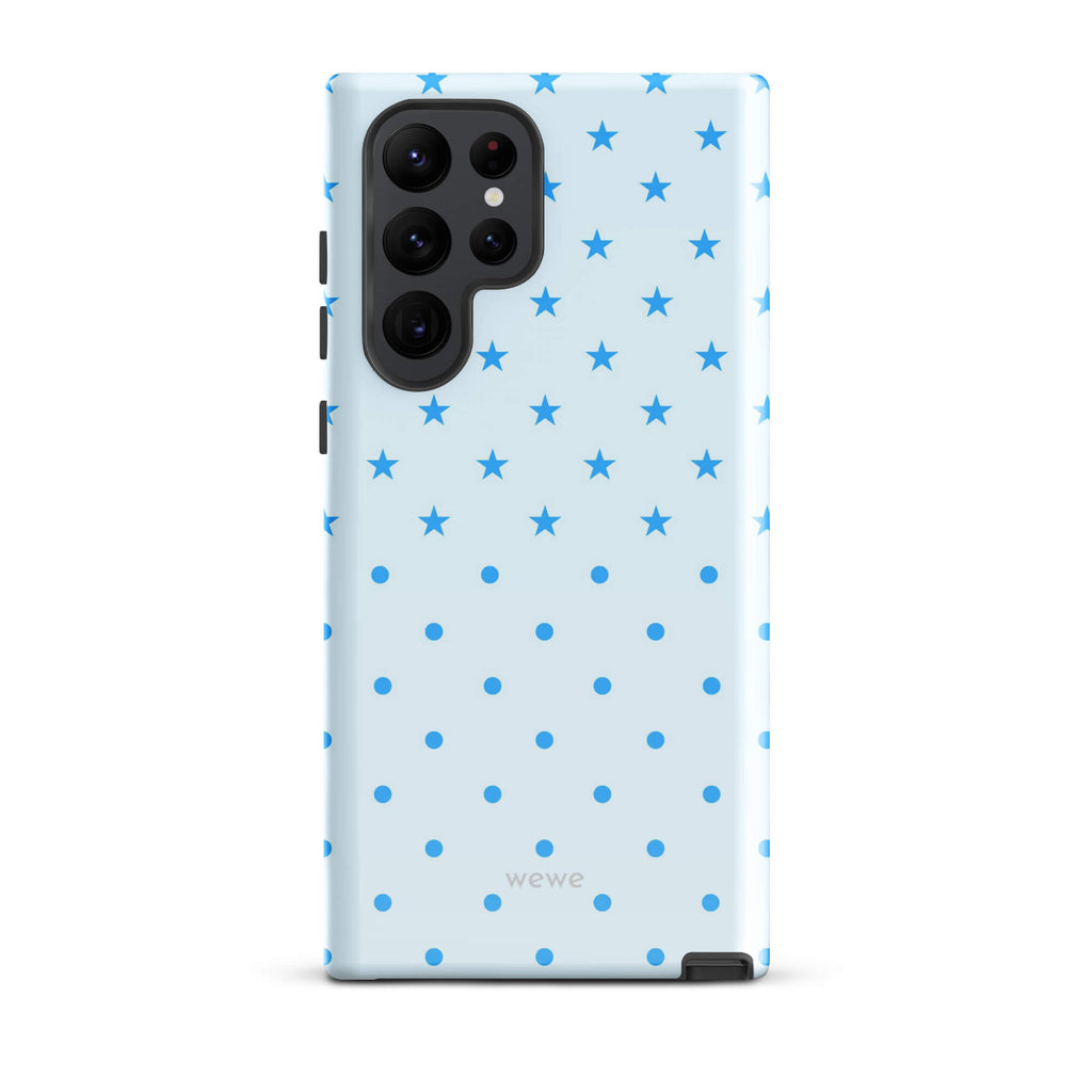 Blue Star and Polka Dot Phone Case featuring sky blue mini stars and dots on an ice blue background