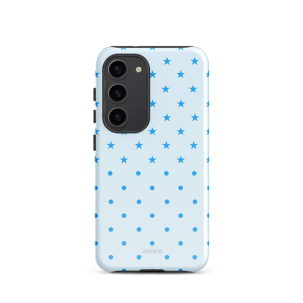 Blue Star and Polka Dot Phone Case featuring sky blue mini stars and dots on an ice blue background