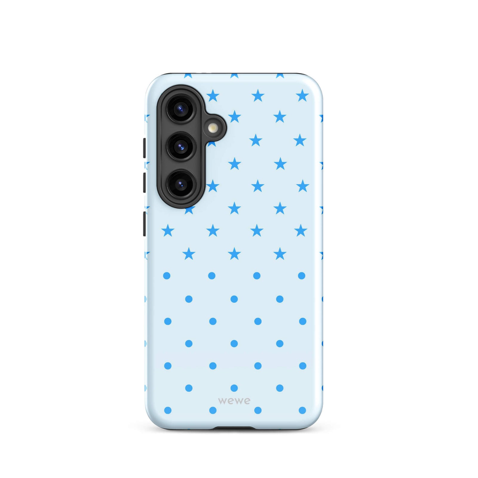 Blue Star and Polka Dot Phone Case featuring sky blue mini stars and dots on an ice blue background