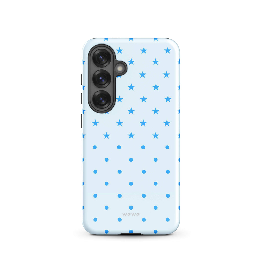 Blue Star and Polka Dot Phone Case featuring sky blue mini stars and dots on an ice blue background