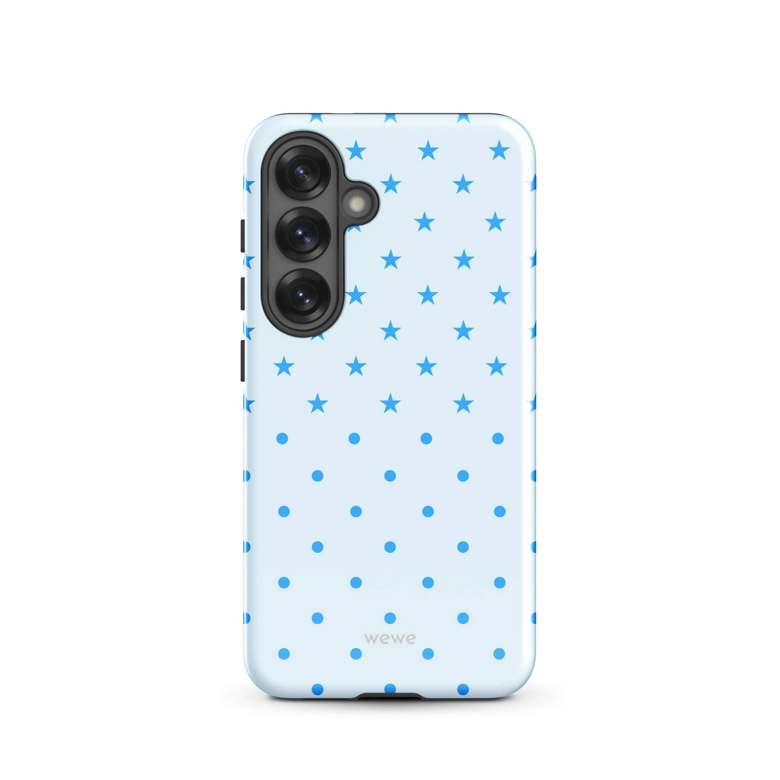 Blue Star and Polka Dot Phone Case featuring sky blue mini stars and dots on an ice blue background