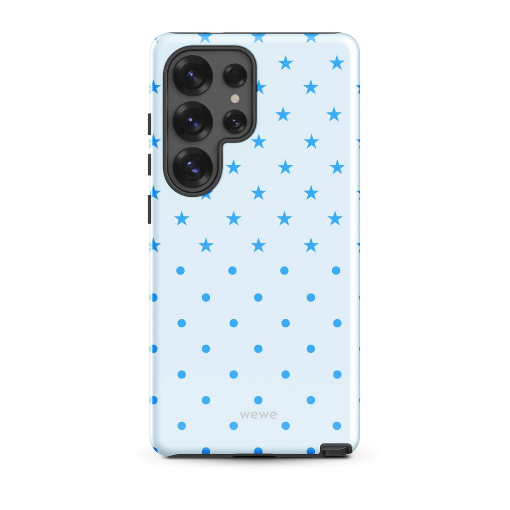 Blue Star and Polka Dot Phone Case featuring sky blue mini stars and dots on an ice blue background