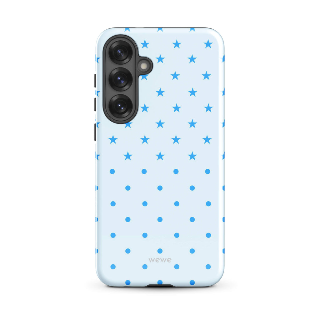 Blue Star and Polka Dot Phone Case featuring sky blue mini stars and dots on an ice blue background
