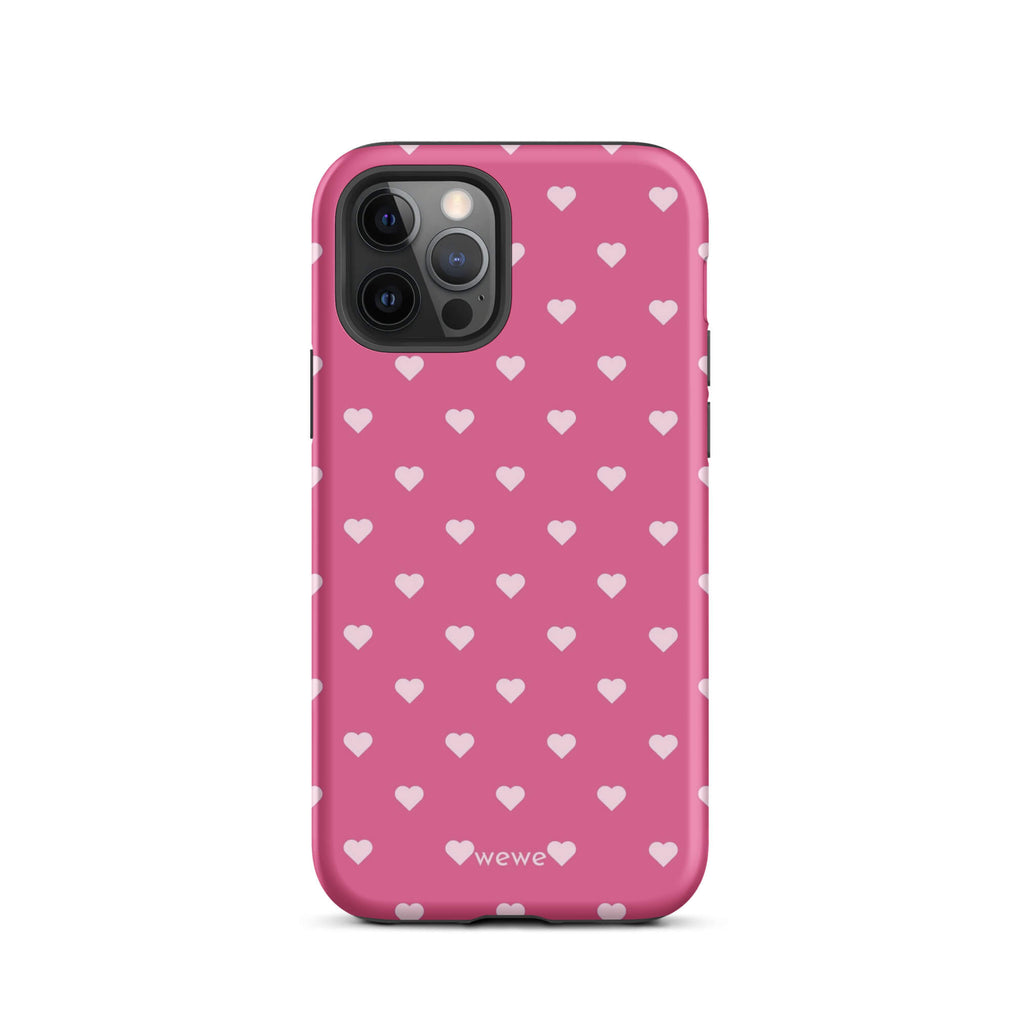 Bubblegum-pink iPhone case with evenly spaced pale blush-pink mini hearts