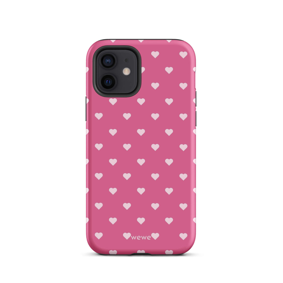 Bubblegum-pink iPhone case with evenly spaced pale blush-pink mini hearts