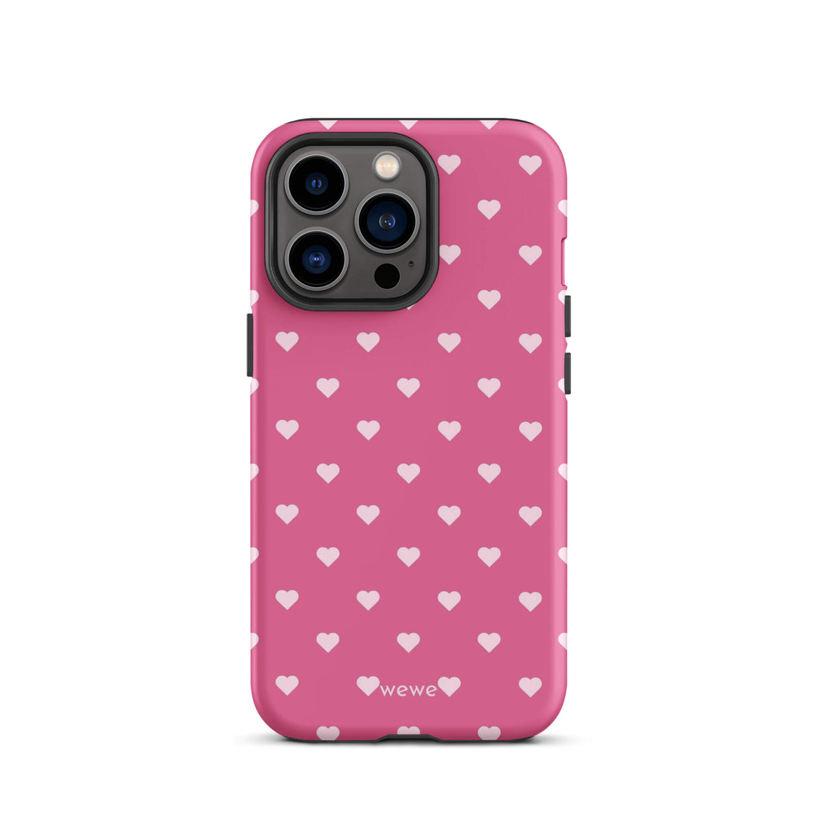 Bubblegum-pink iPhone case with evenly spaced pale blush-pink mini hearts