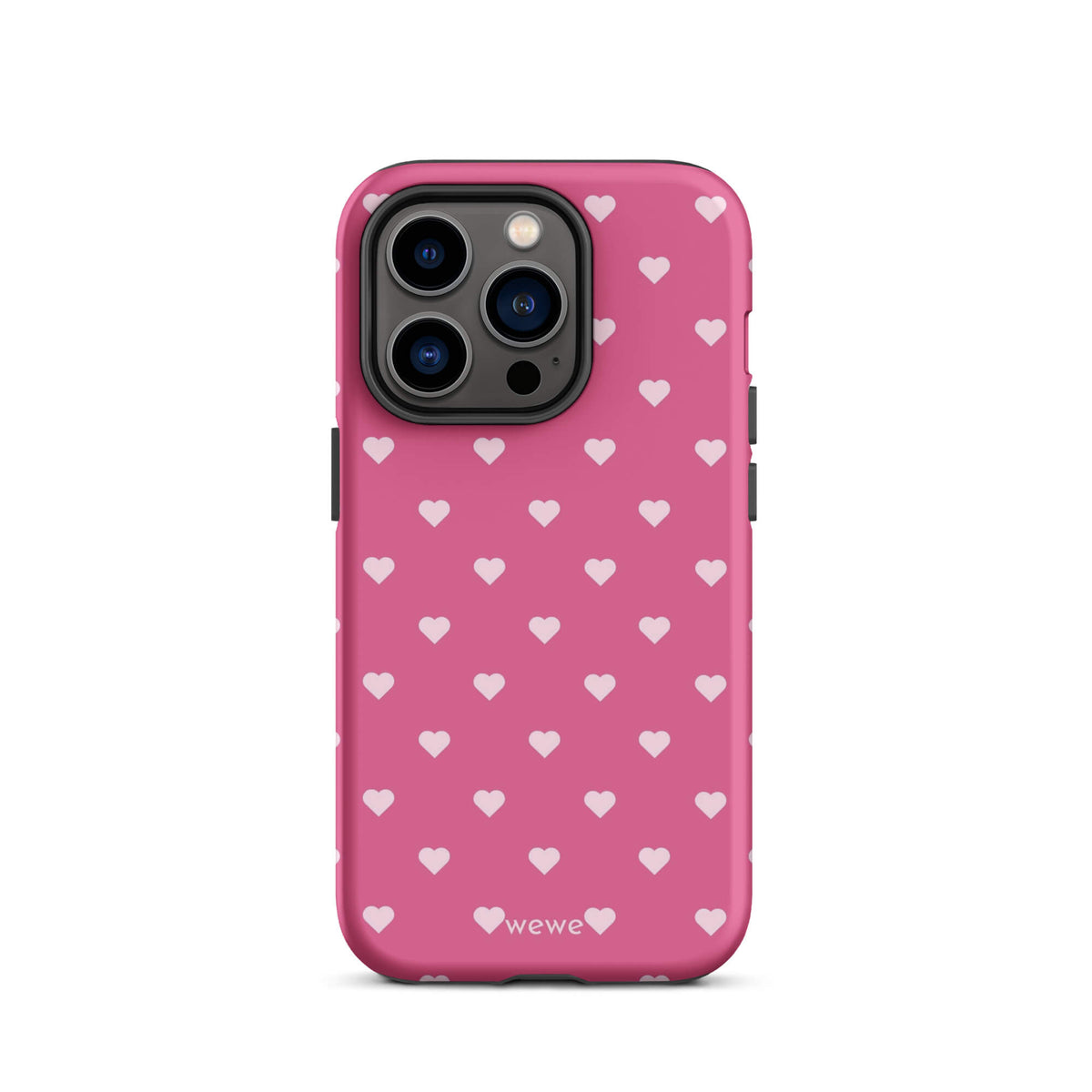 Bubblegum-pink iPhone case with evenly spaced pale blush-pink mini hearts