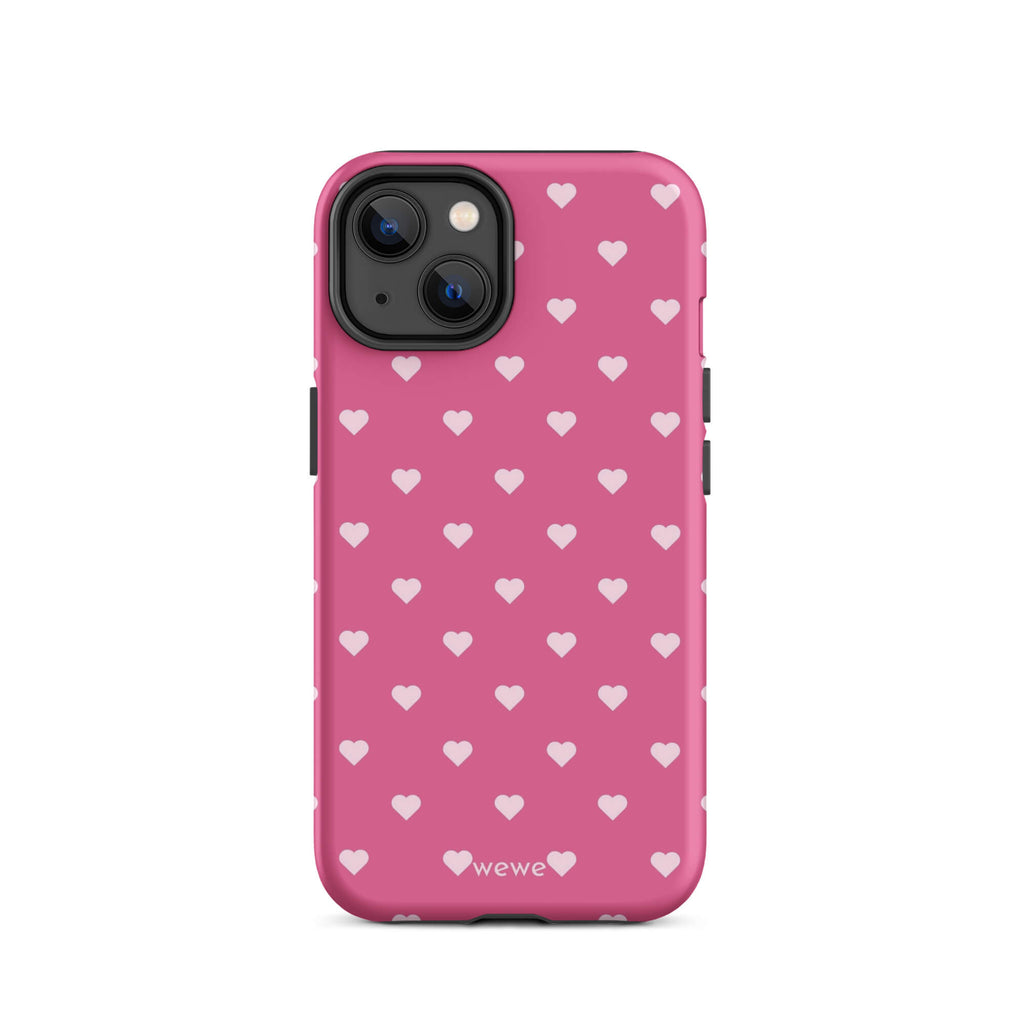 Bubblegum-pink iPhone case with evenly spaced pale blush-pink mini hearts