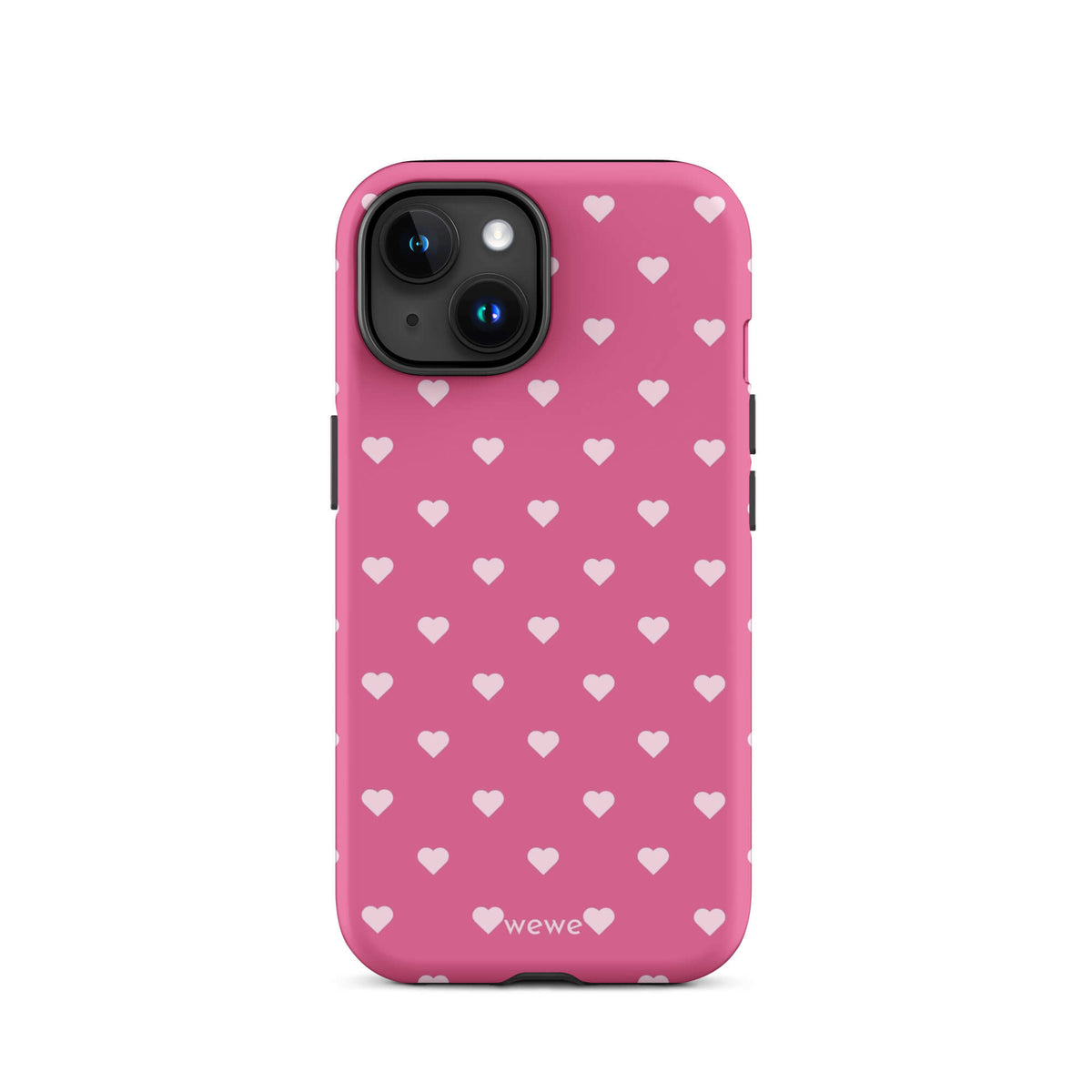 Bubblegum-pink iPhone case with evenly spaced pale blush-pink mini hearts