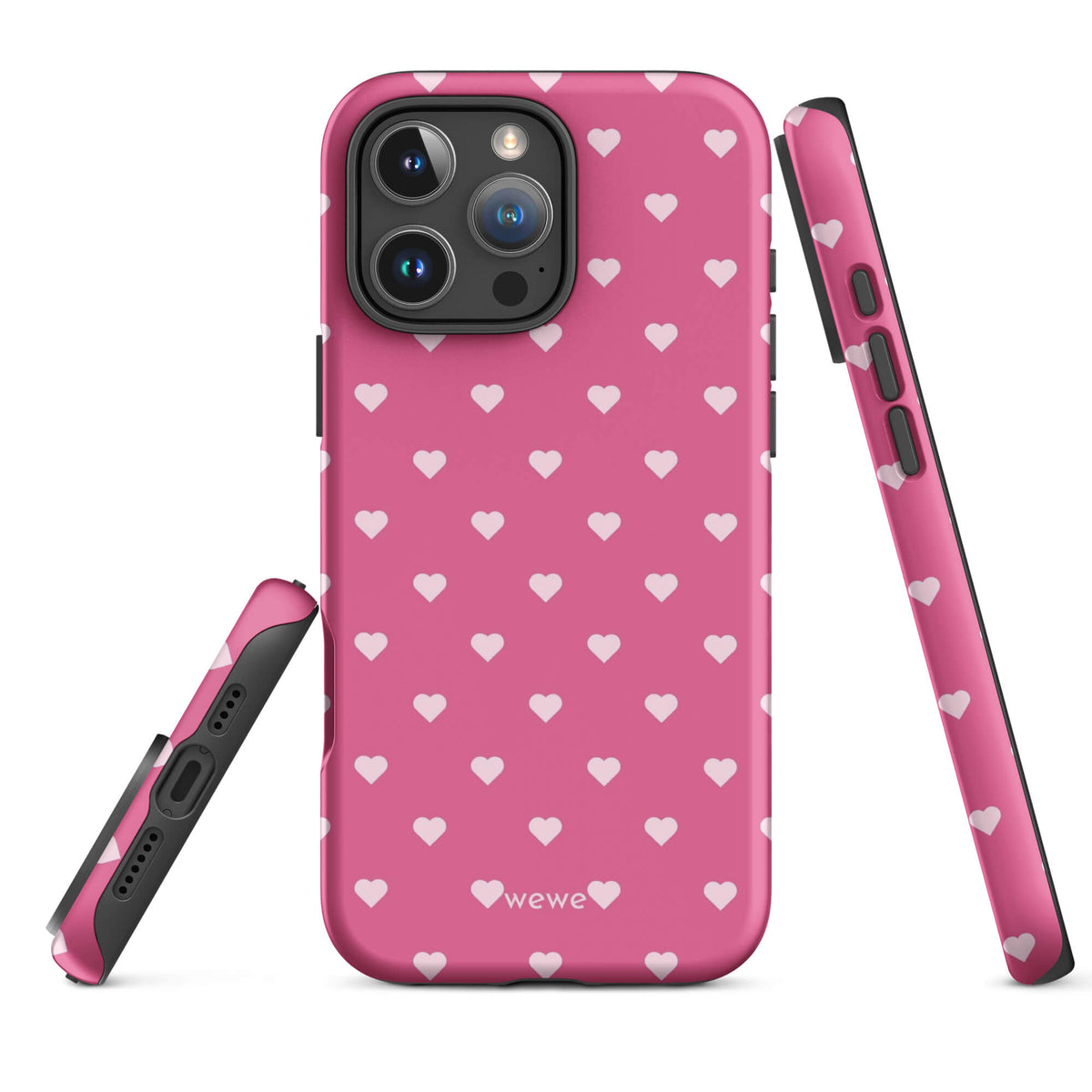 Bubblegum-pink iPhone case with evenly spaced pale blush-pink mini hearts