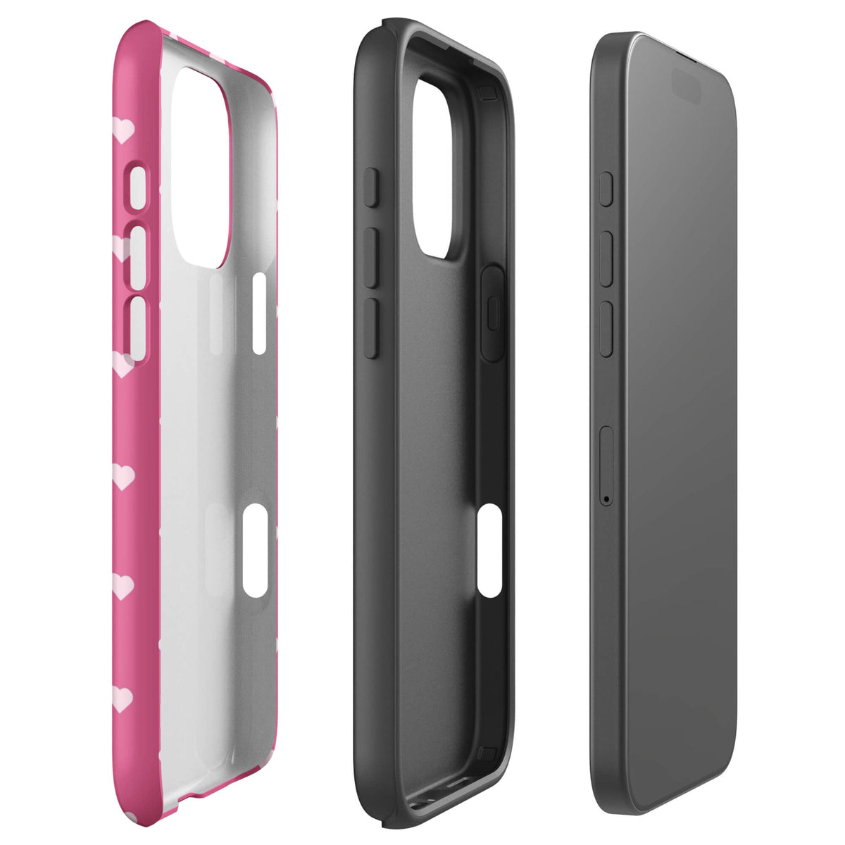 Bubblegum-pink iPhone case with evenly spaced pale blush-pink mini hearts