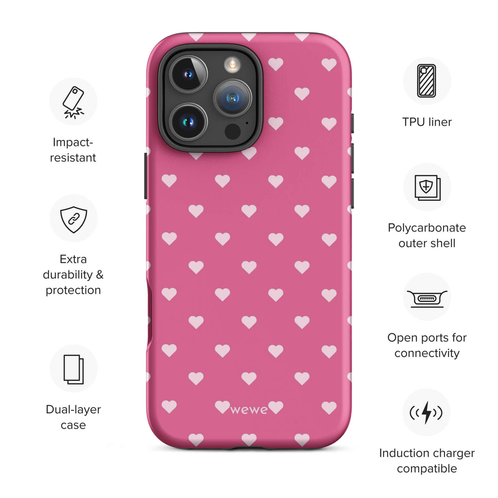 Bubblegum-pink iPhone case with evenly spaced pale blush-pink mini hearts