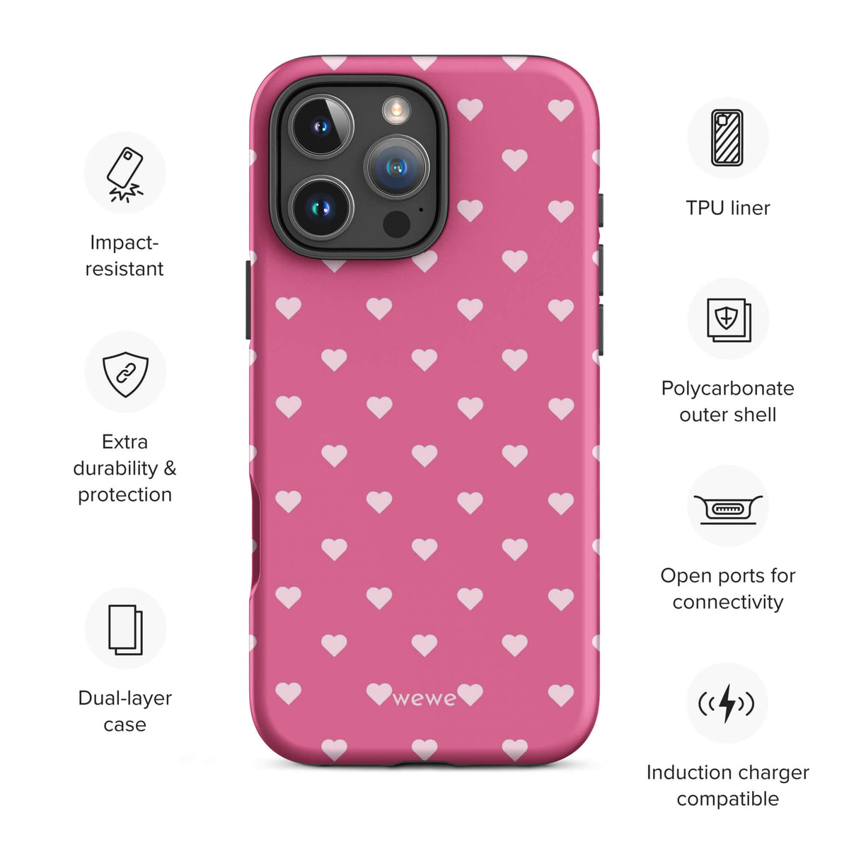 Bubblegum-pink iPhone case with evenly spaced pale blush-pink mini hearts