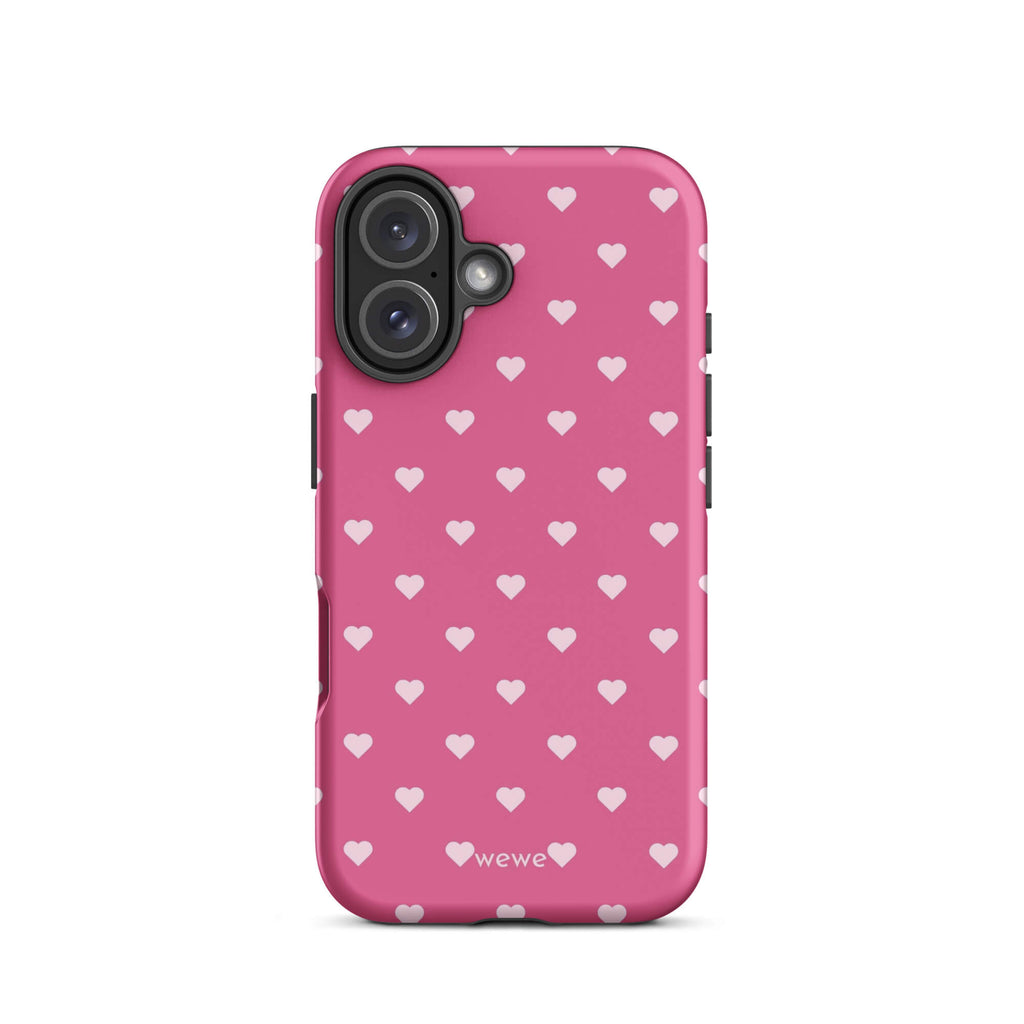 Bubblegum-pink iPhone case with evenly spaced pale blush-pink mini hearts