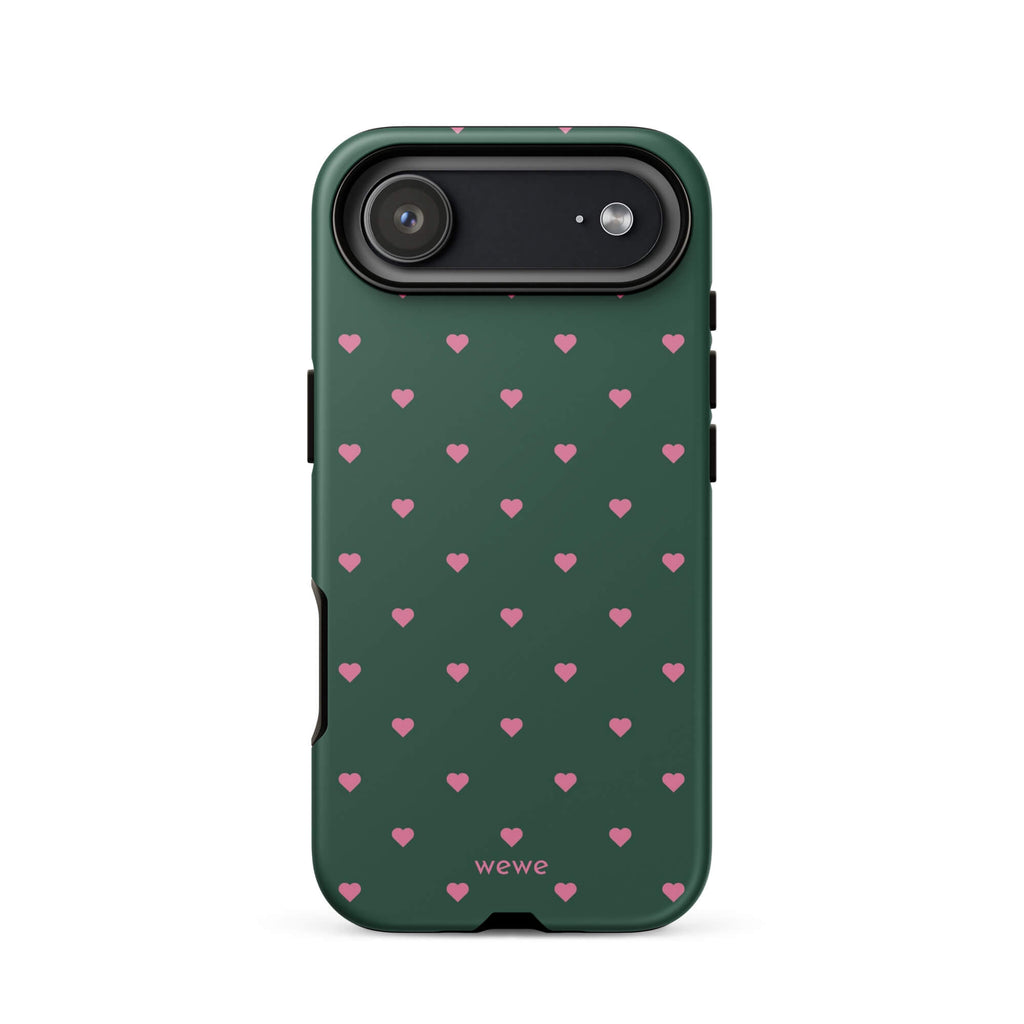 Deep forest-green iPhone case with evenly spaced vivid-pink mini hearts