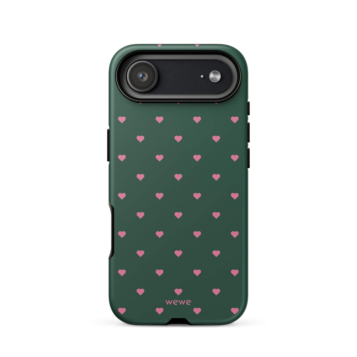 Deep forest-green iPhone case with evenly spaced vivid-pink mini hearts
