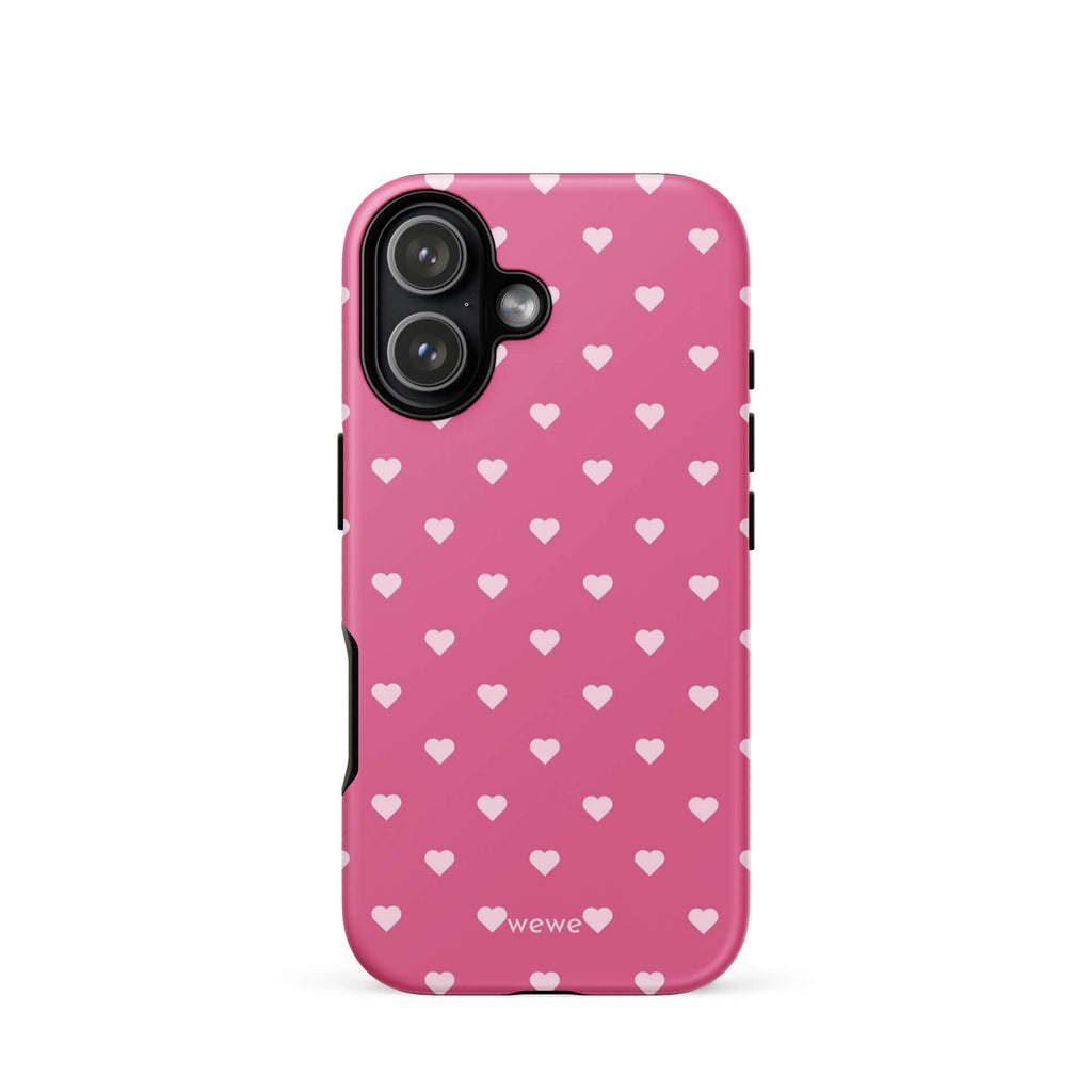 Bubblegum-pink iPhone case with evenly spaced pale blush-pink mini hearts