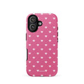 Bubblegum-pink iPhone case with evenly spaced pale blush-pink mini hearts