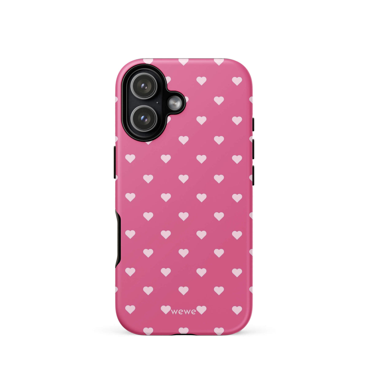 Bubblegum-pink iPhone case with evenly spaced pale blush-pink mini hearts