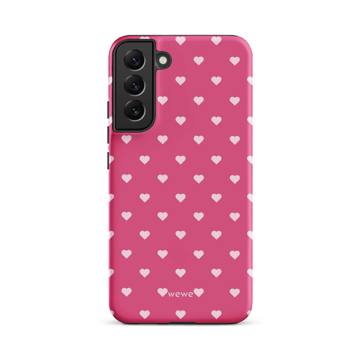 Bubblegum-pink iPhone case with evenly spaced pale blush-pink mini hearts