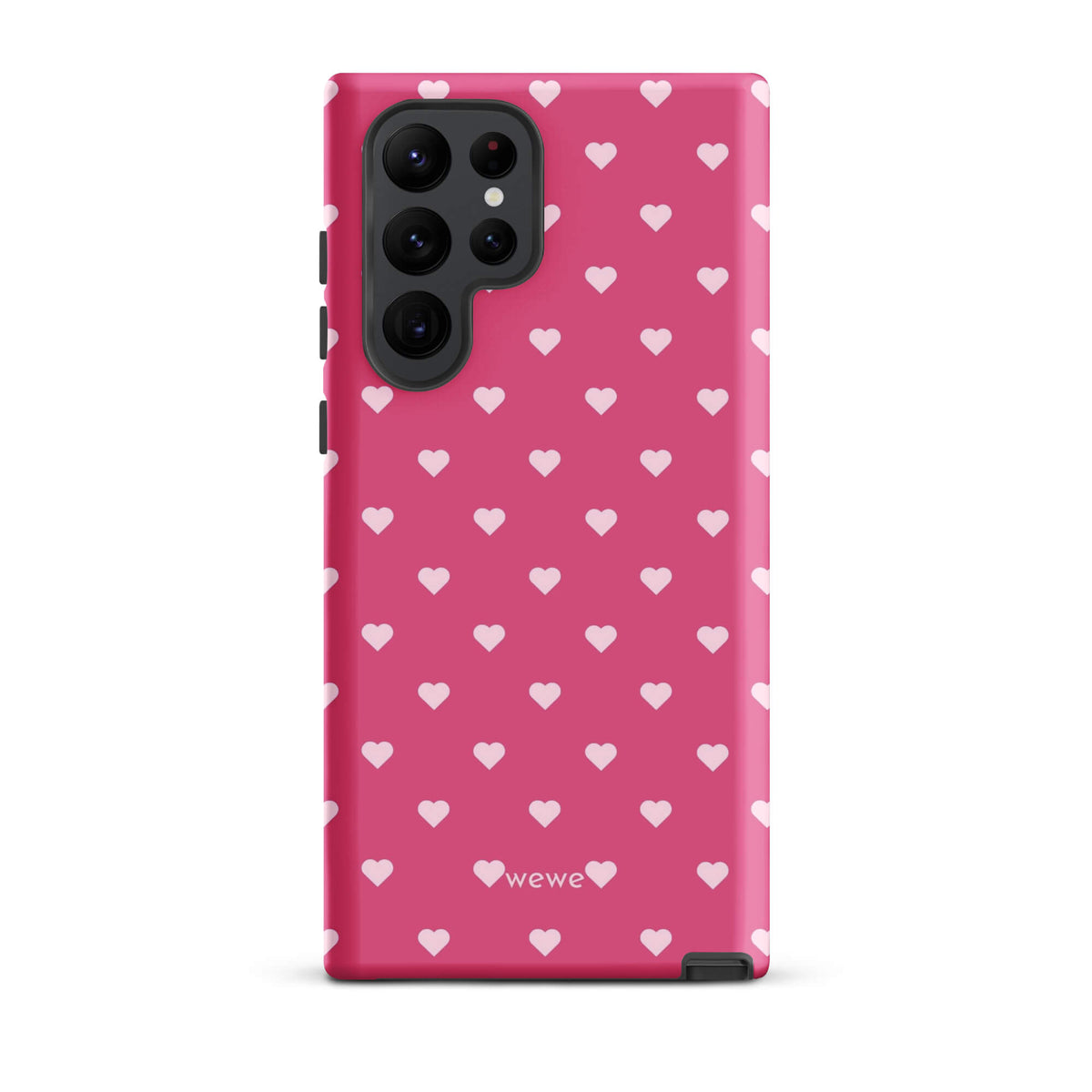 Bubblegum-pink iPhone case with evenly spaced pale blush-pink mini hearts
