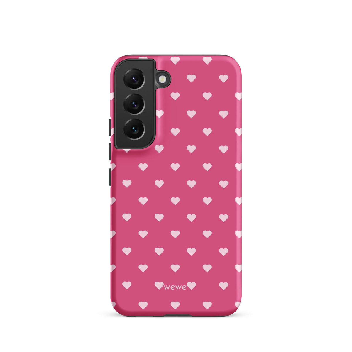 Bubblegum-pink iPhone case with evenly spaced pale blush-pink mini hearts