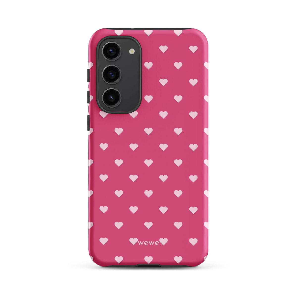 Bubblegum-pink iPhone case with evenly spaced pale blush-pink mini hearts