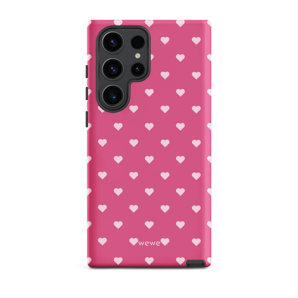 Bubblegum-pink iPhone case with evenly spaced pale blush-pink mini hearts