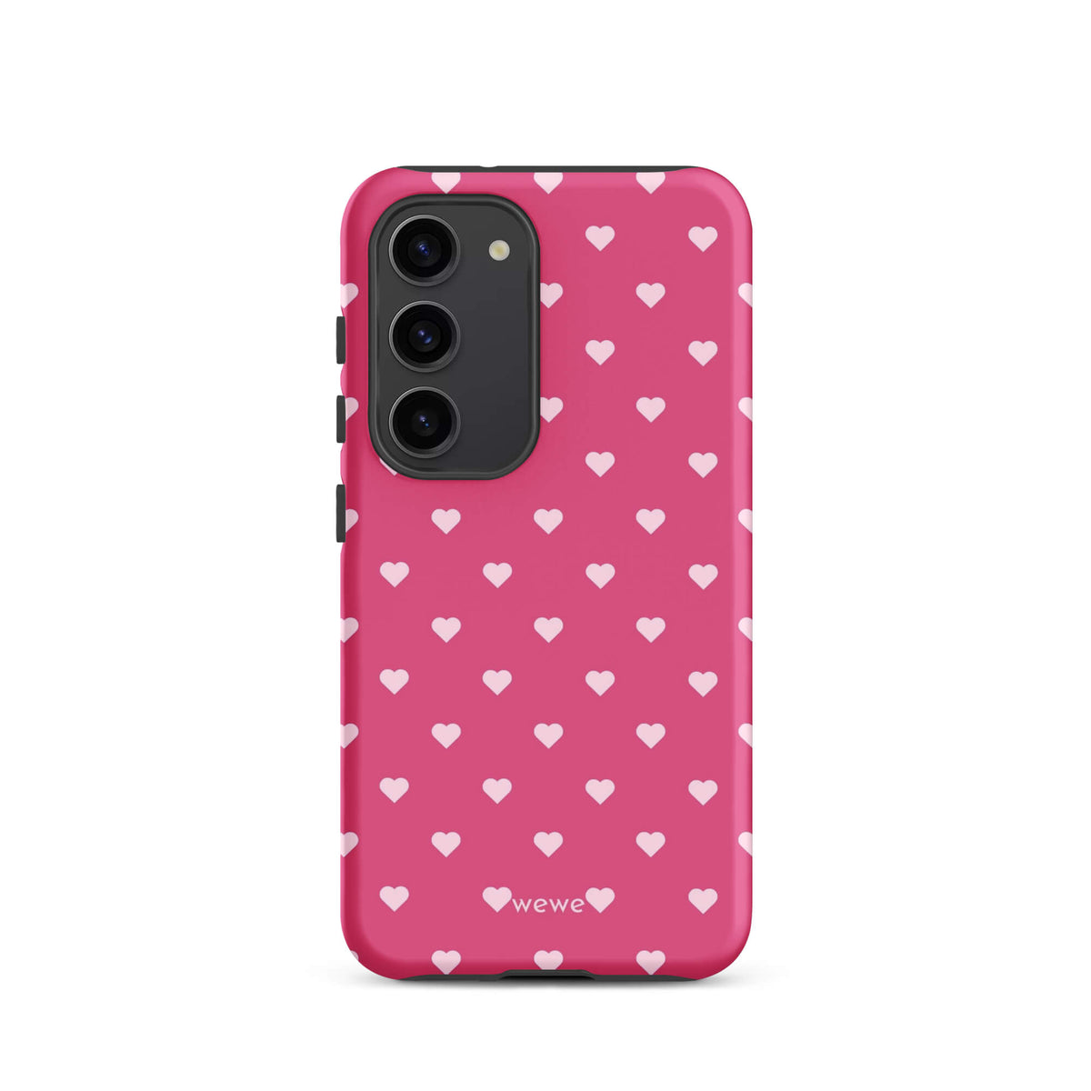 Bubblegum-pink iPhone case with evenly spaced pale blush-pink mini hearts
